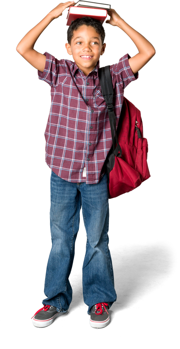 Friendly African young boy with short black hair in casual outfit holding backpack - Isolated